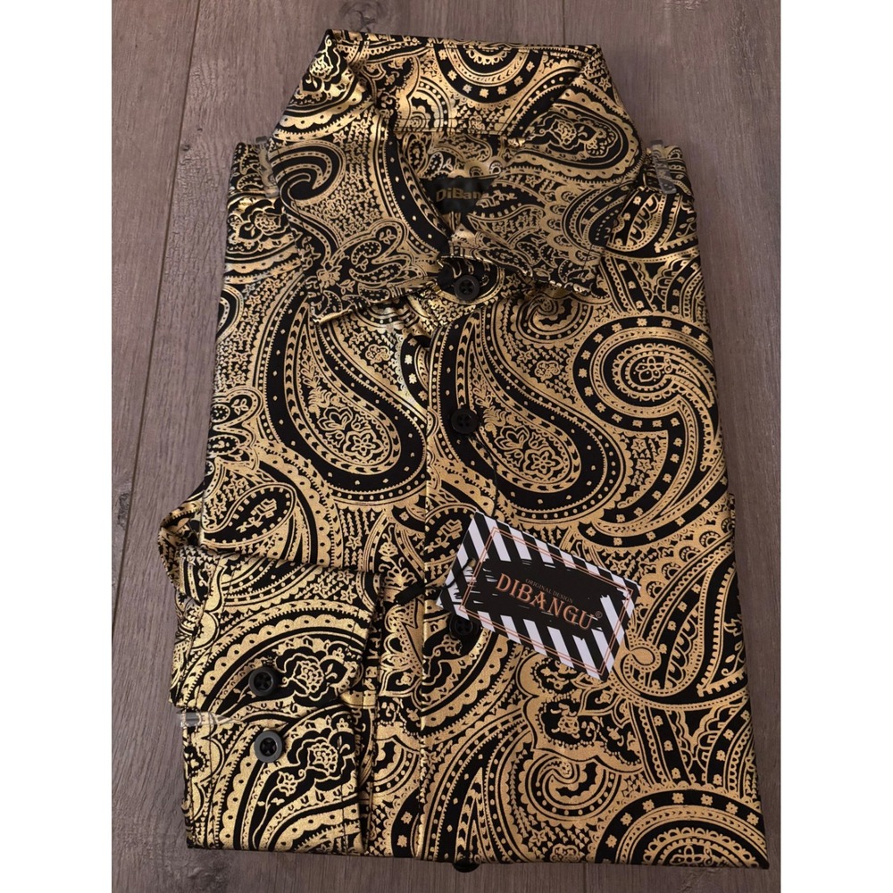 DiBanGu Mens Gold Black Paisley Dress Shirt Luxury Metallic Silk Like Shirt